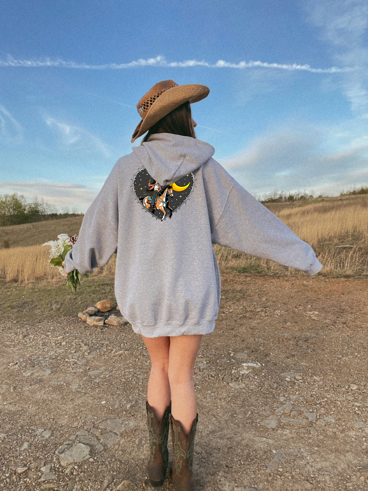 Unisex Pullover Cowgirl Roping Moon, Barbed Wire Heart Hoodie