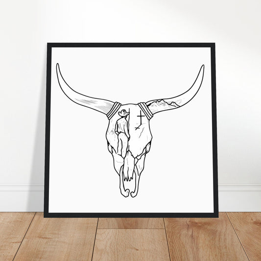 Long Horn Skull with Cross Wooden Framed Graphic Print