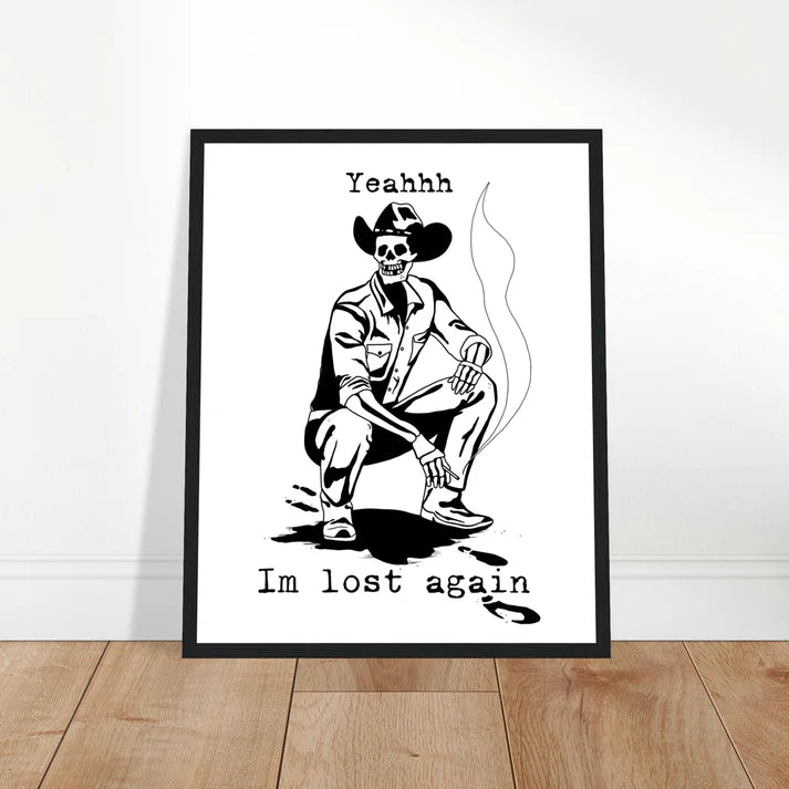 Skeleton Cowboy Lost Again Wooden Framed Graphic Print