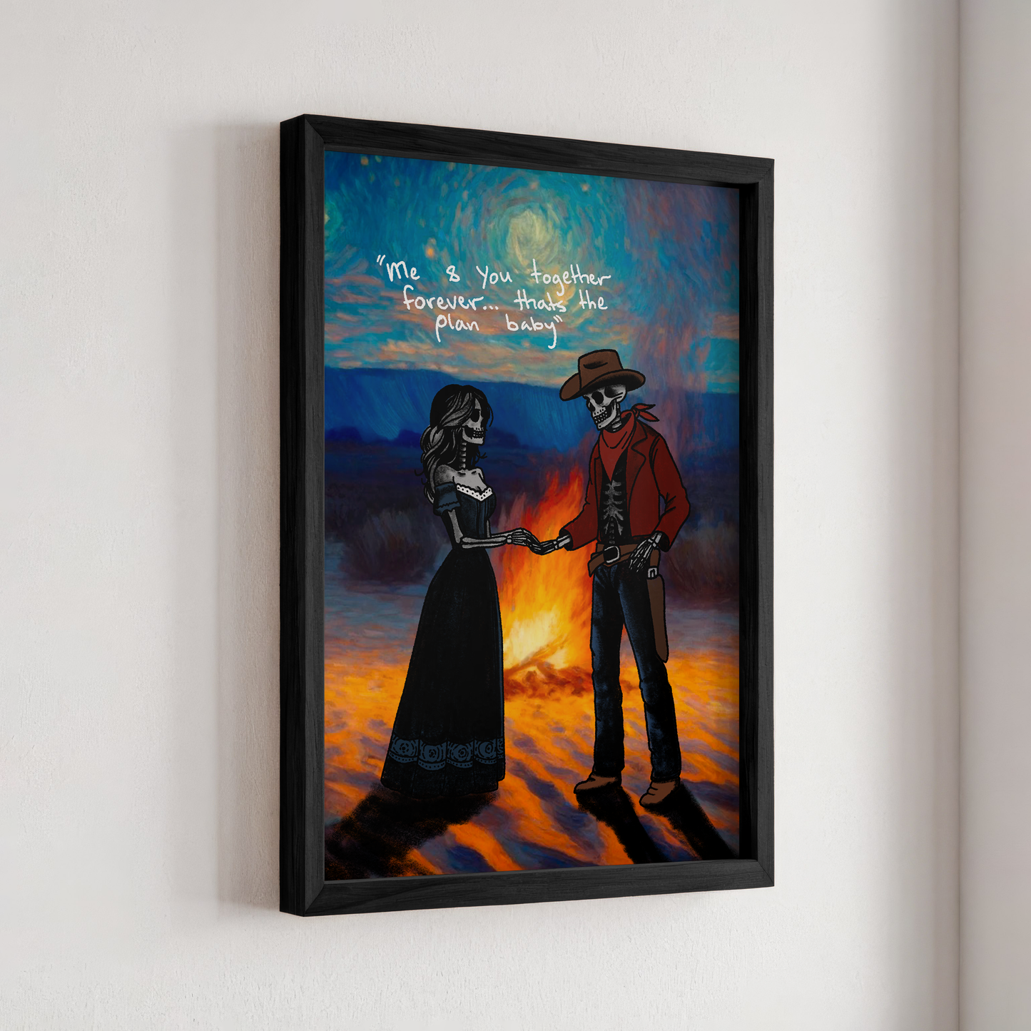 Cowboy and Cowgirl Lovers by the Fire Print