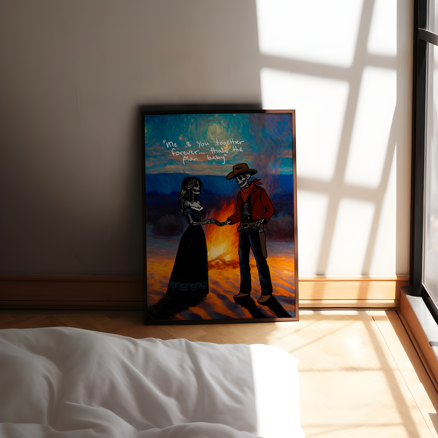 Cowboy and Cowgirl Lovers by the Fire Print