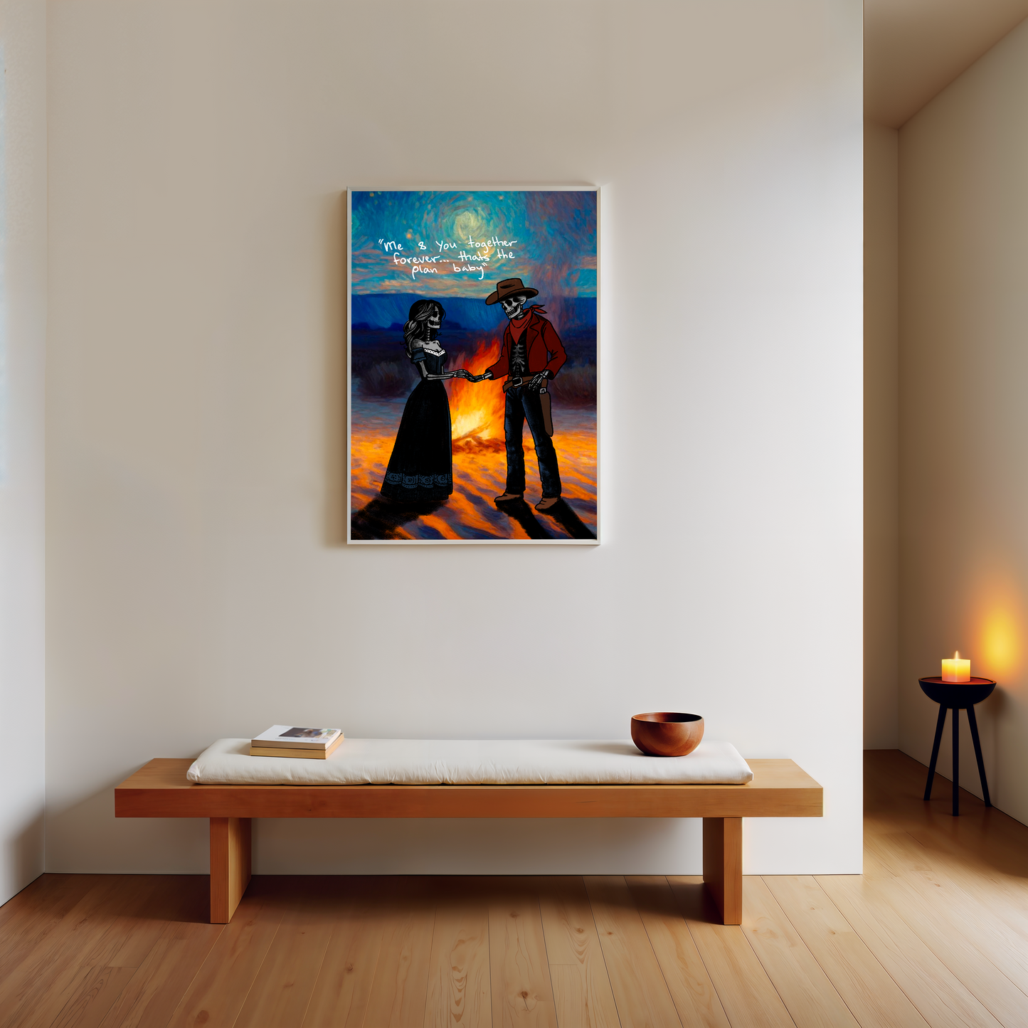 Cowboy and Cowgirl Lovers by the Fire Print