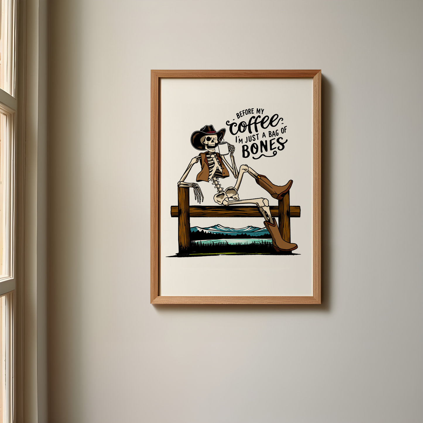 Before My Coffee Skeleton Cowboy Print