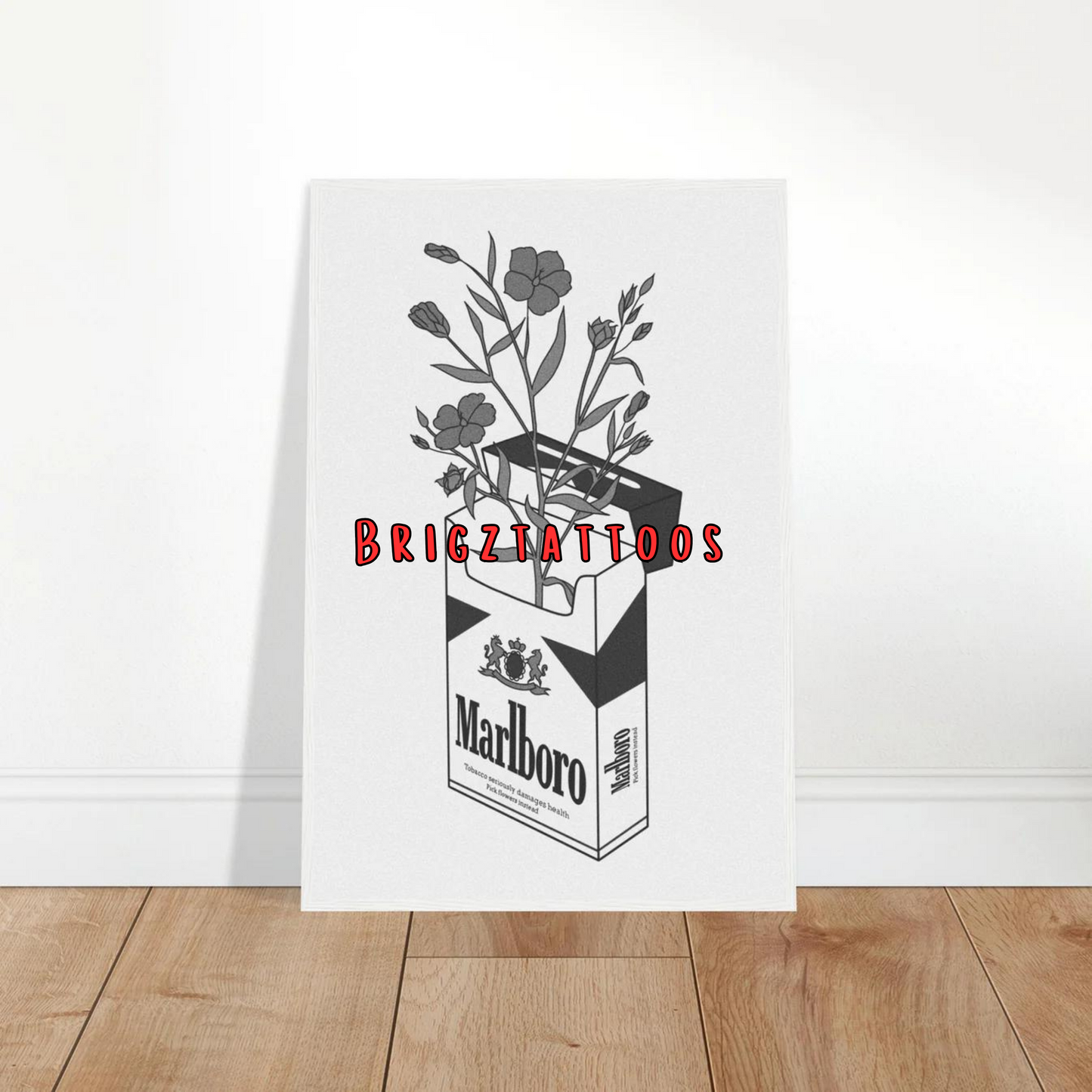 Black and White Floral Marlboro Wooden Framed Graphic Print