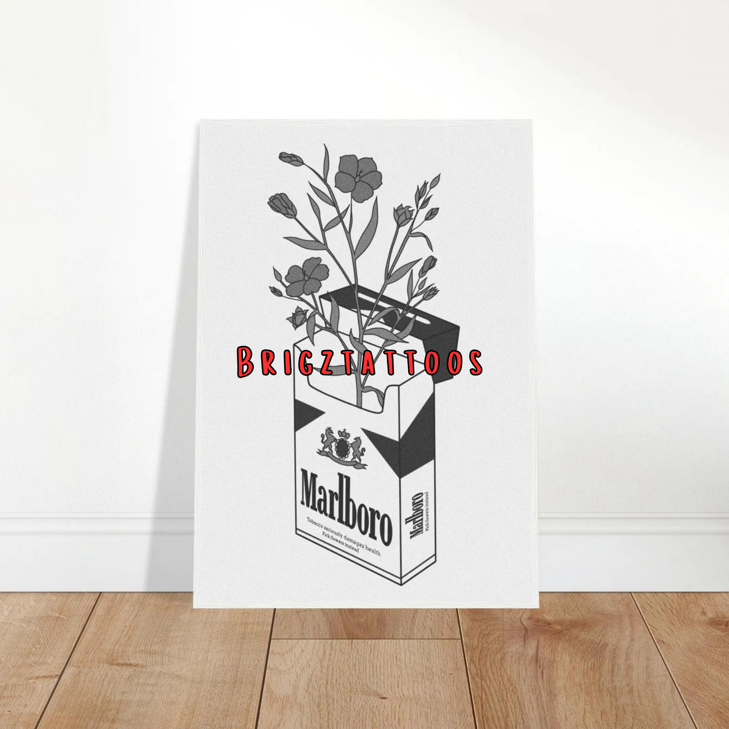 Black and White Floral Marlboro Wooden Framed Graphic Print